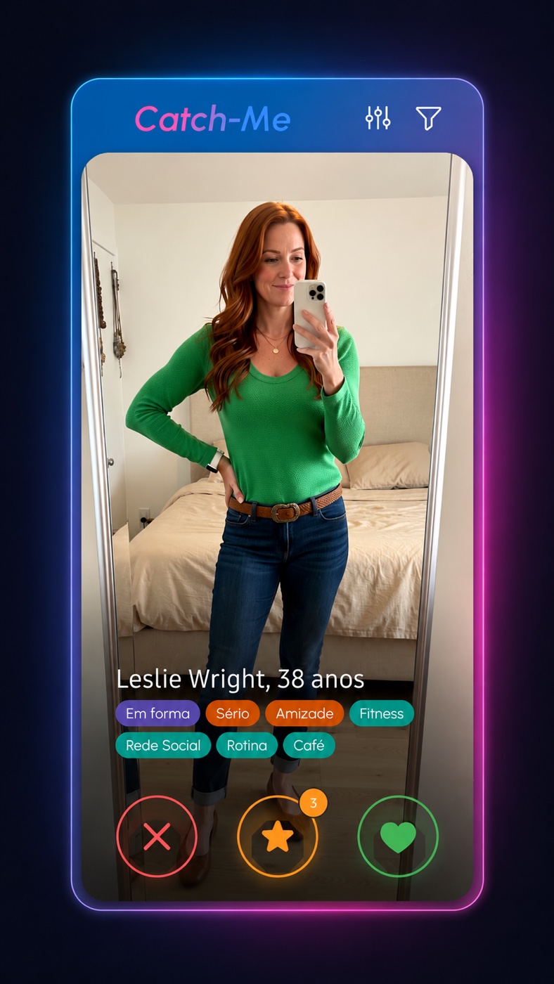 Tela do Catch-Me mostrando um perfil de personagem de IA pronto para receber curtida